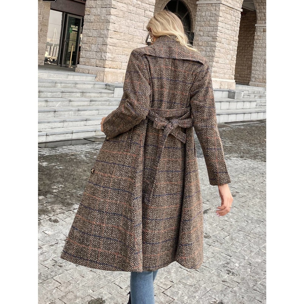 ❗️ Plaid Button Up Collared Belted Overcoat pea coat tan brown - Picture 6 of 6